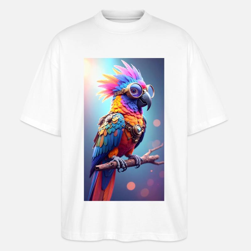 Bunter Steampunk Papagei - Stanley/Stella Oversized Unisex Bio T-Shirt Blaster 2.0 - Weiß
