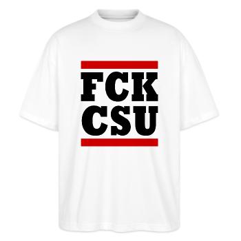 Fck csu - Stanley/Stella Oversized Unisex Bio T-Shirt Blaster 2.0 - Weiß - Vorne - Alina (178cm) & Michal (187cm)