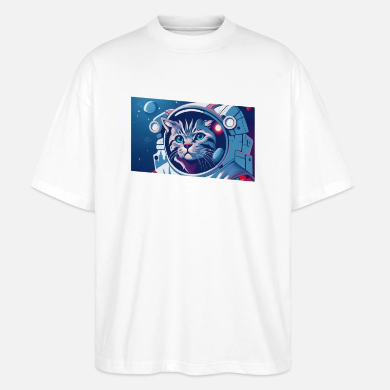 Chat astronaute dans l’espace - T-shirt bio Blaster 2.0 coupe oversize Stanley/Stella Unisexe - blanc
