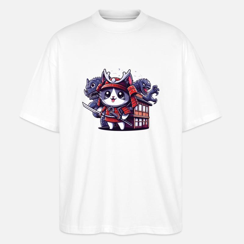 Samurai-Ninja-Katze hinter Monster und Dojo - Stanley/Stella Oversized Unisex Bio T-Shirt Blaster 2.0 - Weiß