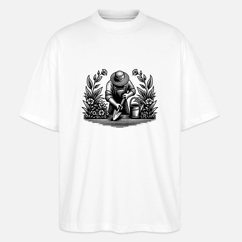 Hobbygärtner beim gärtnern im Blumenbeet - Stanley/Stella Oversized Unisex Bio T-Shirt Blaster 2.0 - Weiß
