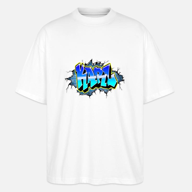 Graffiti KARL Blauer Backsteinriss - Stanley/Stella Oversized Unisex Bio T-Shirt Blaster 2.0 - Weiß