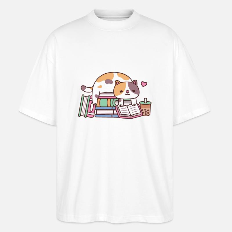 Niedliche Katze, die ein Buch auf einem Stapel Bücher liest - Stanley/Stella Oversized Unisex Bio T-Shirt Blaster 2.0 - Weiß