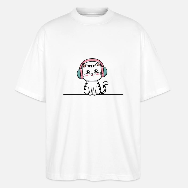 Süße Katze mit Doodle-Kopfhörern - Stanley/Stella Oversized Unisex Bio T-Shirt Blaster 2.0 - Weiß