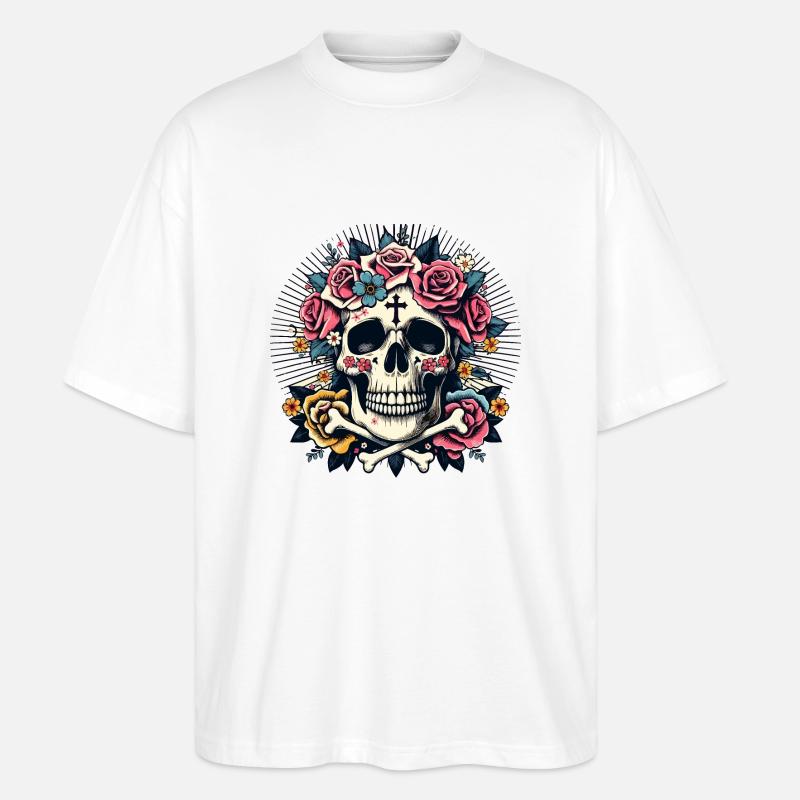 Totenkopf mit Blumen - Stanley/Stella Oversized Unisex Bio T-Shirt Blaster 2.0 - Weiß