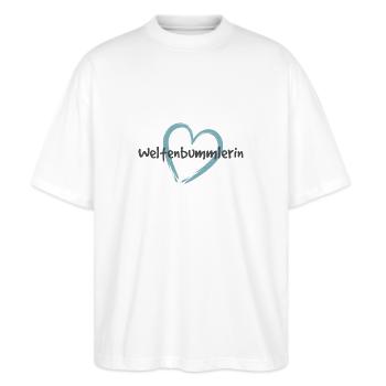 Weltenbummlerin Bolivien - Stanley/Stella Oversized Unisex Bio T-Shirt Blaster 2.0 - Weiß - Vorne - Alina (178cm) & Michal (187cm)