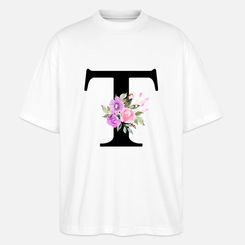 Lila Blumenbuchstabe T - Stanley/Stella Oversized Unisex Bio T-Shirt Blaster 2.0 - Weiß