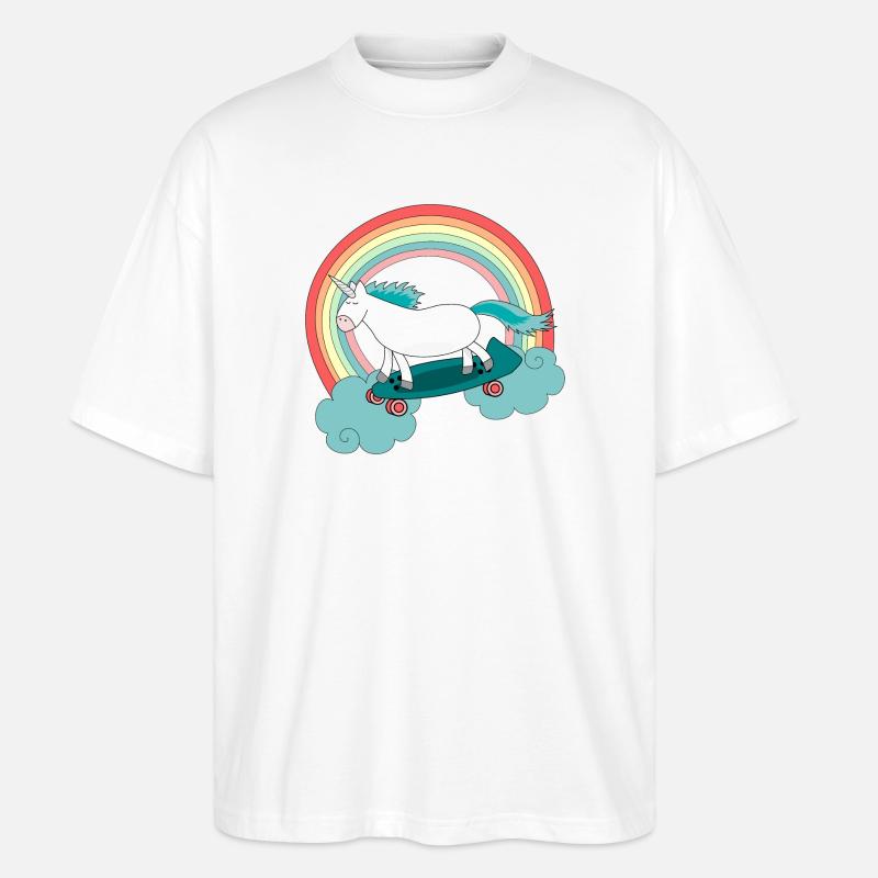 Einhorn Skateboard Longboard Regenbogen - Stanley/Stella Oversized Unisex Bio T-Shirt Blaster 2.0 - Weiß