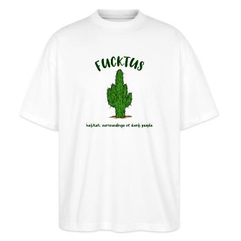 Fucktus Kaktus Dumm Dümmer Lustig Spruch Humor - Stanley/Stella Oversized Unisex Bio T-Shirt Blaster 2.0 - Weiß - Vorne - Alina (178cm) & Michal (187cm)