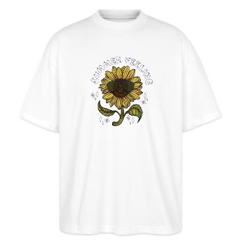 Sonnenblume mit Sonnenbrille Summer Feeling Sommer - Stanley/Stella Oversized Unisex Bio T-Shirt Blaster 2.0 - Weiß - Vorne - Alina (178cm) & Michal (187cm)
