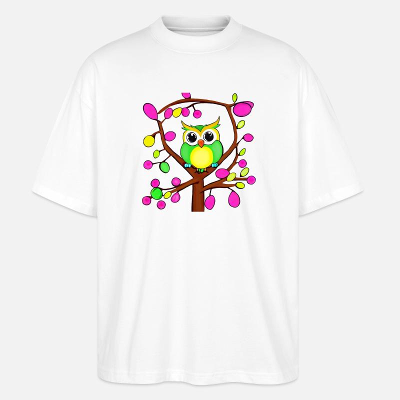 Glückliche Eule in einem bunten Baum - Stanley/Stella Oversized Unisex Bio T-Shirt Blaster 2.0 - Weiß