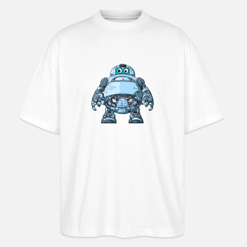 Blauer Cartoon-Roboter mit Helm - Stanley/Stella Oversized Unisex Bio T-Shirt Blaster 2.0 - Weiß