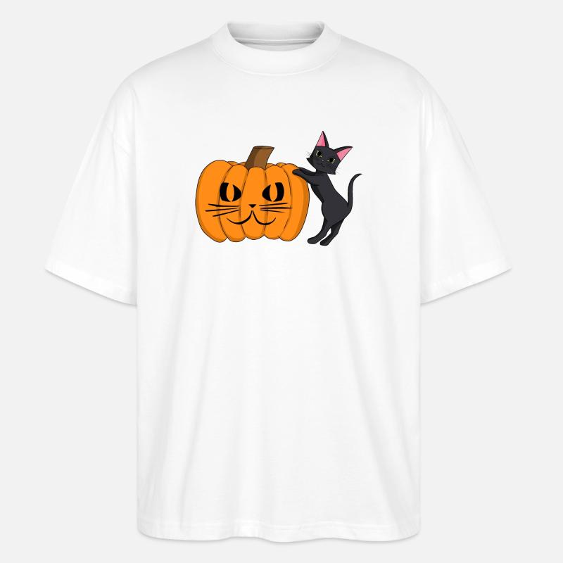 Chat noir avec grimace de citrouille - T-shirt bio Blaster 2.0 coupe oversize Stanley/Stella Unisexe - blanc