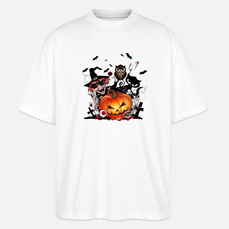 Halloween Kürbis mit Hexe,Katze,Fledermaus & Eule - Stanley/Stella Oversized Unisex Bio T-Shirt Blaster 2.0 - Weiß