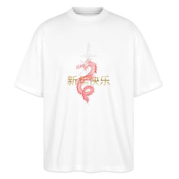 New Year's Dragon Swordsmanship - Stanley/Stella Oversized Unisex Organic T-shirt Blaster 2.0 - white - Front - Alina (178cm) & Michal (187cm)
