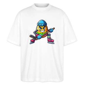 Osterei Eishockey Design | Eishockeyspieler - Stanley/Stella Oversized Unisex Bio T-Shirt Blaster 2.0 - Weiß - Vorne - Alina (178cm) & Michal (187cm)