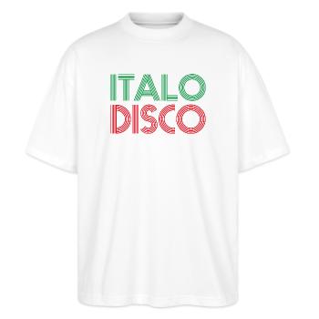 ITALO DISCO - Stanley/Stella Oversized Unisex Bio T-Shirt Blaster 2.0 - Weiß - Vorne - Alina (178cm) & Michal (187cm)