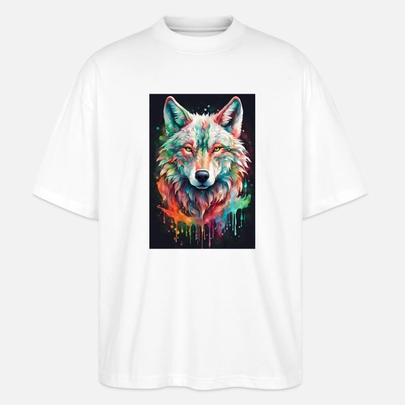 Bunter Wolfkopf Farbexplosion - Stanley/Stella Oversized Unisex Bio T-Shirt Blaster 2.0 - Weiß