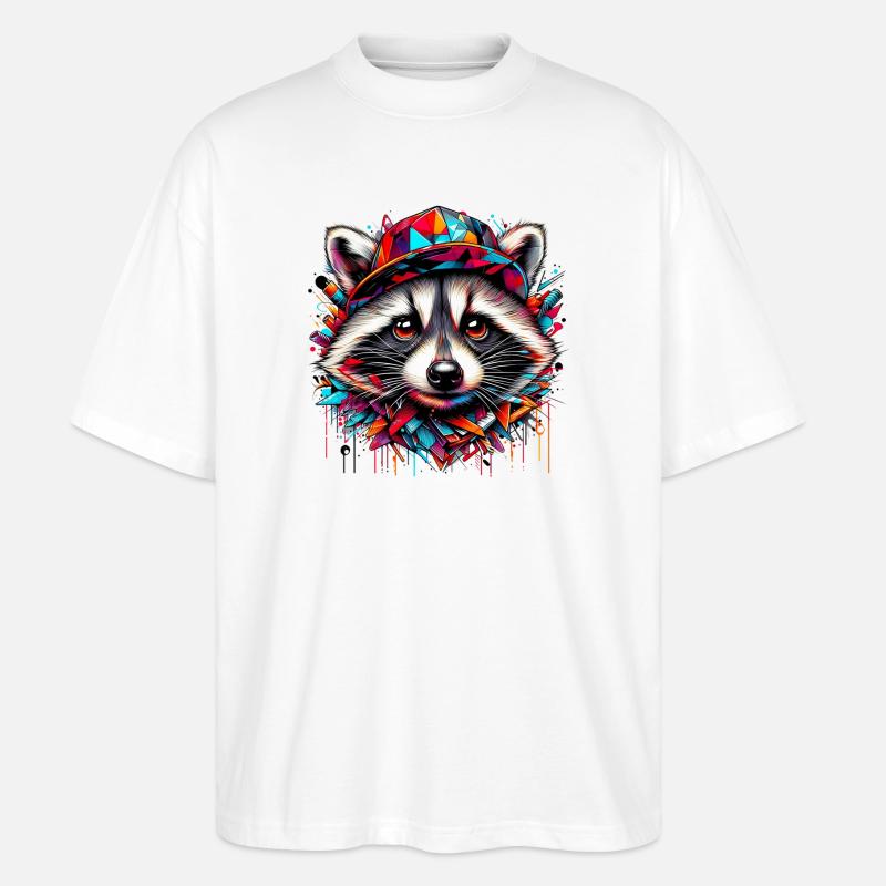 Waschbär mit Hutmütze Rap-Hut - Stanley/Stella Oversized Unisex Bio T-Shirt Blaster 2.0 - Weiß