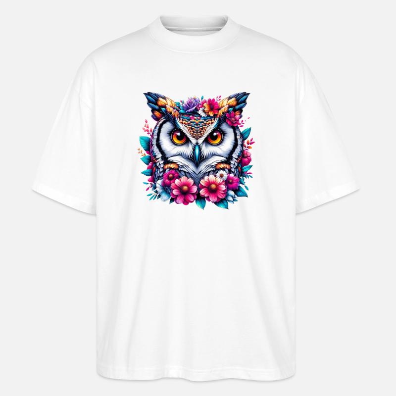 Eule mit Blumen geschmückt - Stanley/Stella Oversized Unisex Bio T-Shirt Blaster 2.0 - Weiß