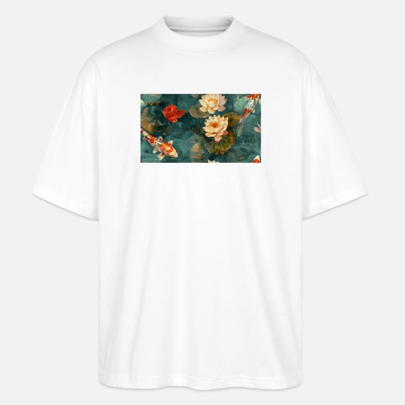 Koi und Lotusblüten auf blaugrünem Wasser - Stanley/Stella Oversized Unisex Bio T-Shirt Blaster 2.0 - Weiß