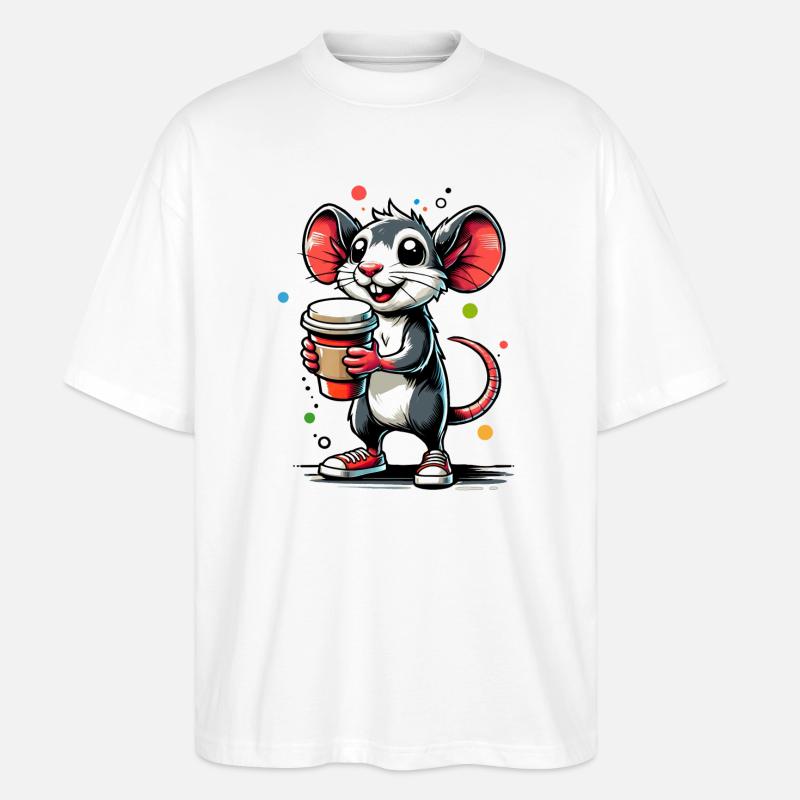 Cartoon einer fröhlichen Maus mit Kaffee - Stanley/Stella Oversized Unisex Bio T-Shirt Blaster 2.0 - Weiß