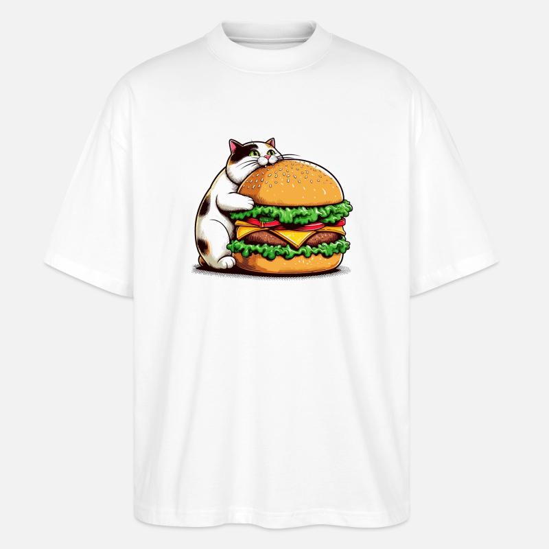 Gourmet cat and hamburger - Stanley/Stella Oversized Unisex Organic T-shirt Blaster 2.0 - white
