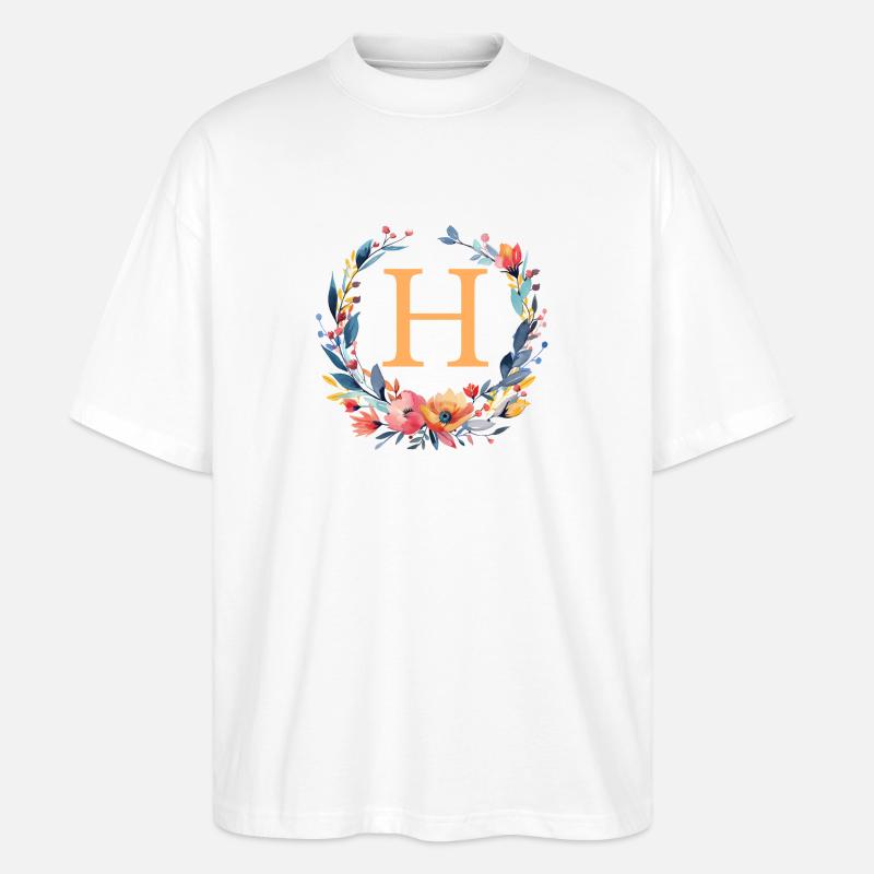 H Monogramme, Couronne de fleurs, Personnalisable - T-shirt bio Blaster 2.0 coupe oversize Stanley/Stella Unisexe - blanc