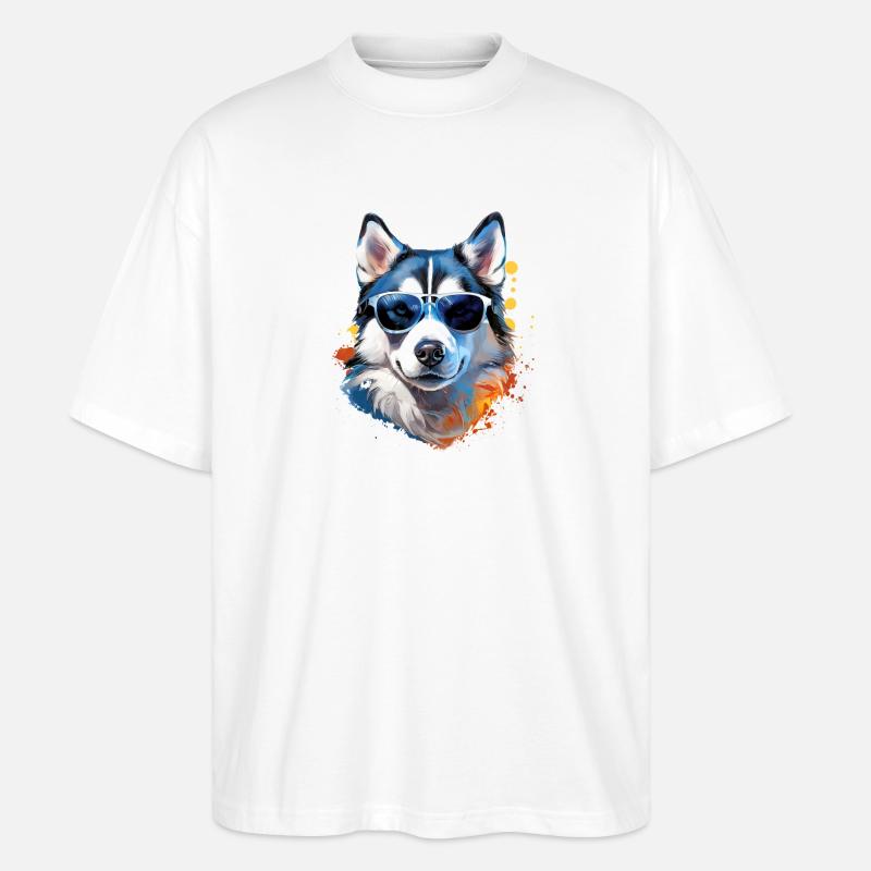 Husky mit Sonnenbrille - Stanley/Stella Oversized Unisex Bio T-Shirt Blaster 2.0 - Weiß