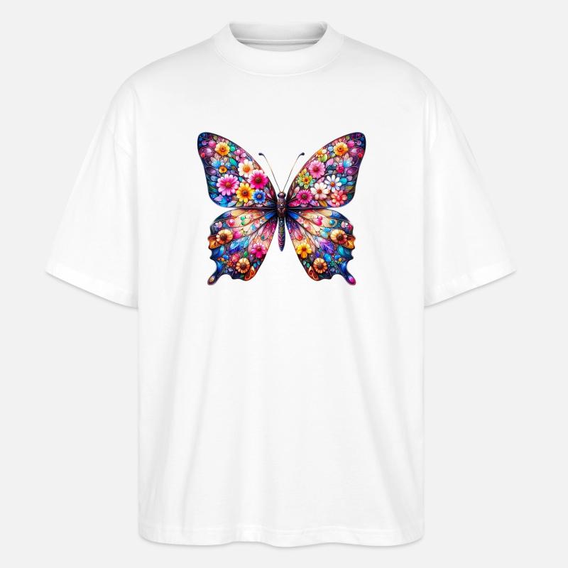 Schmetterling mit Blumen verziert - Stanley/Stella Oversized Unisex Bio T-Shirt Blaster 2.0 - Weiß