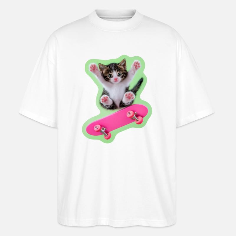 Skater Kitty avec skateboard rose - T-shirt bio Blaster 2.0 coupe oversize Stanley/Stella Unisexe - blanc