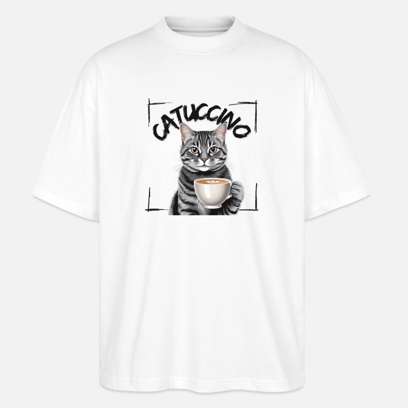 Catuccino Katze mit Tasse Kaffee - Stanley/Stella Oversized Unisex Bio T-Shirt Blaster 2.0 - Weiß