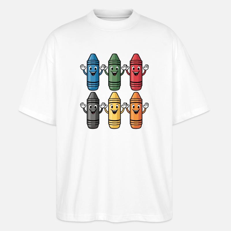 Bunter lächelnder Buntstift-Charakter - Stanley/Stella Oversized Unisex Bio T-Shirt Blaster 2.0 - Weiß