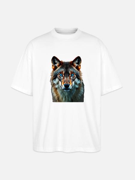 The Sapphire Gaze: Intense Portrait of a Wolf - Stanley/Stella Oversized Unisex Organic T-shirt Blaster 2.0 - white