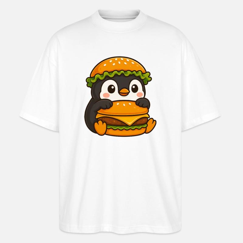 Süßer Pinguin mit Hamburger Cheeseburger Fast - Stanley/Stella Oversized Unisex Bio T-Shirt Blaster 2.0 - Weiß