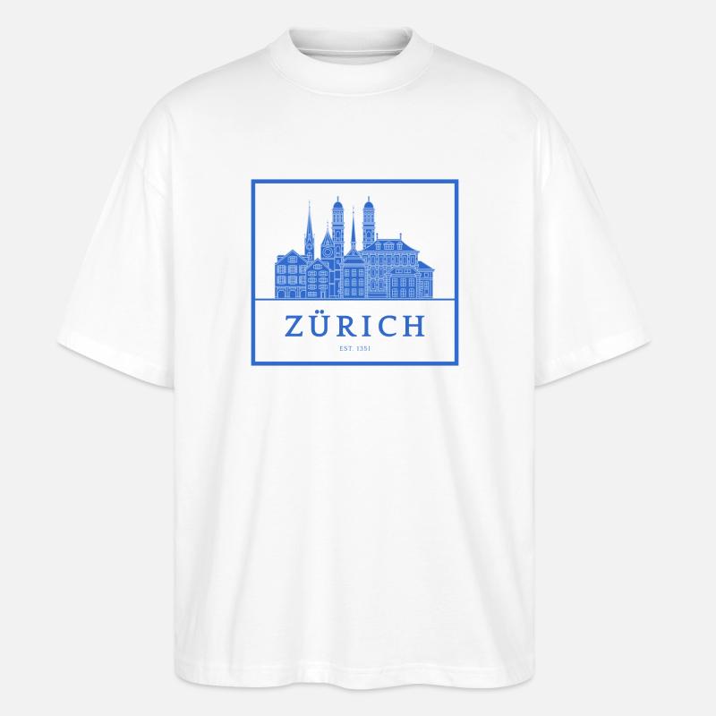 Silhouette bleue de Zurich Skyline - T-shirt bio Blaster 2.0 coupe oversize Stanley/Stella Unisexe - blanc