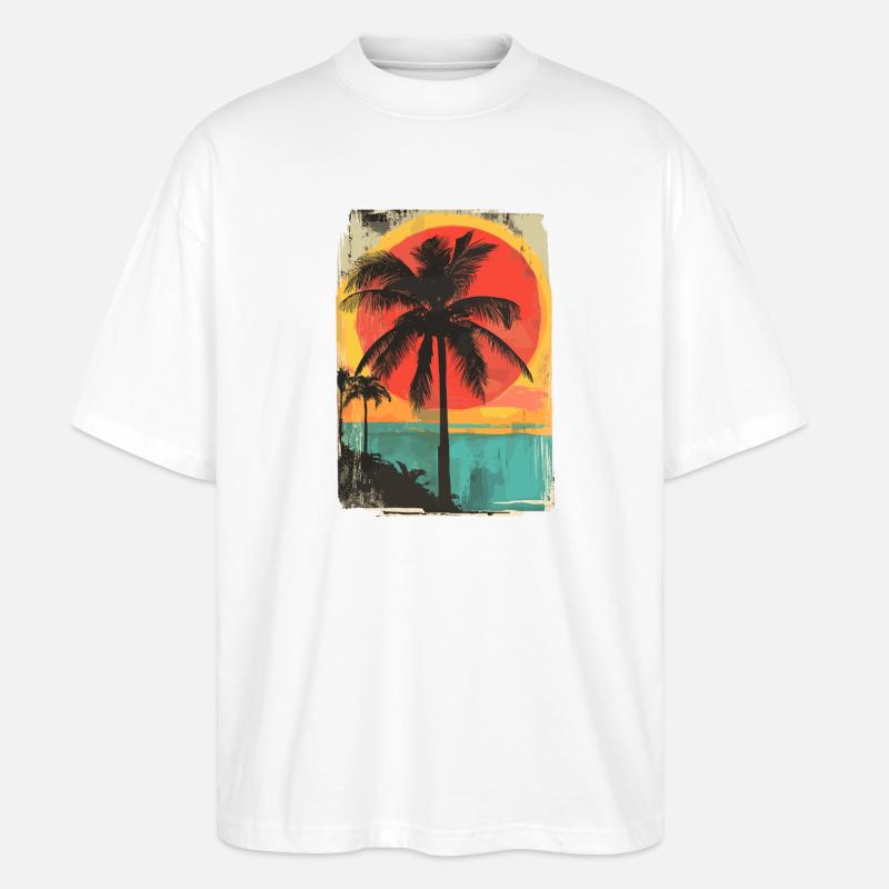 Palm Tree Sunset Summer Sun - Stanley/Stella Oversized Unisex Organic T-shirt Blaster 2.0 - white