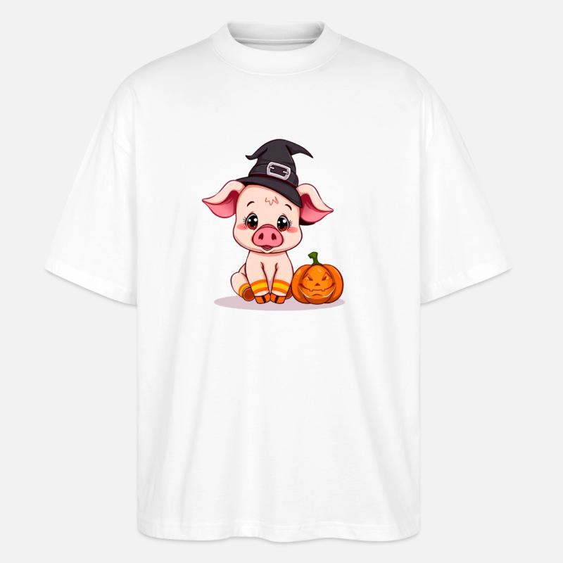 Mignonne sorcière d’Halloween avec cochon - T-shirt bio Blaster 2.0 coupe oversize Stanley/Stella Unisexe - blanc