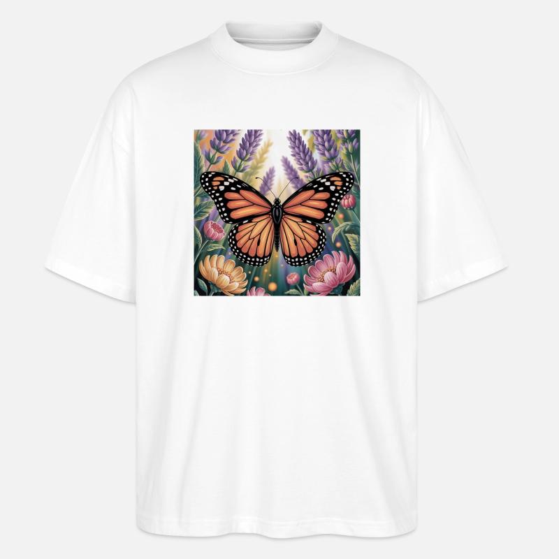 Papillon monarque vibrant Amidlavender fleurit - T-shirt bio Blaster 2.0 coupe oversize Stanley/Stella Unisexe - blanc