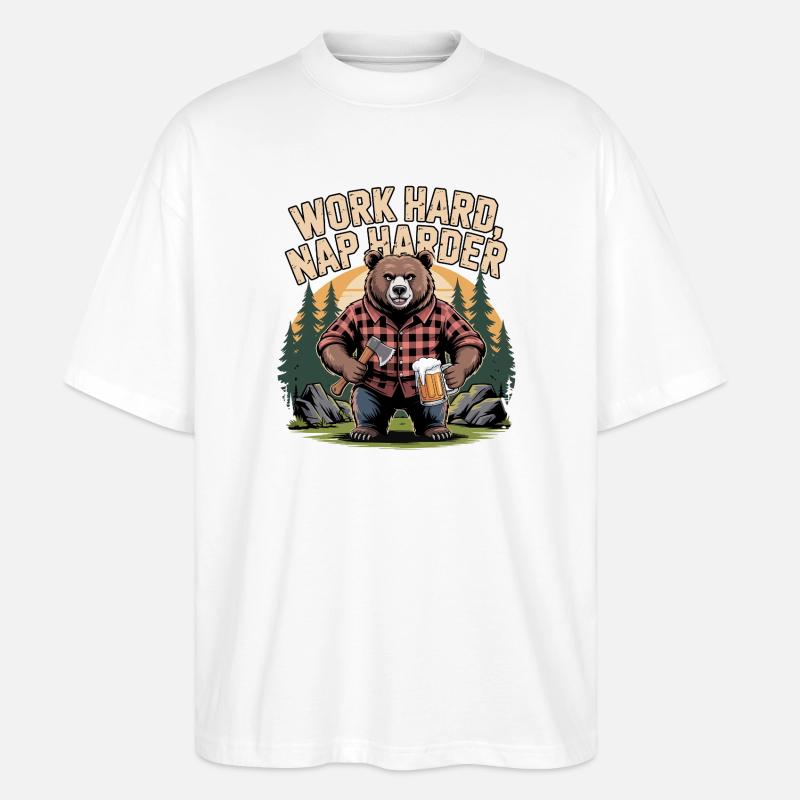 Work Hard Nap Harder Bear - Stanley/Stella Oversized Unisex Organic T-shirt Blaster 2.0 - white