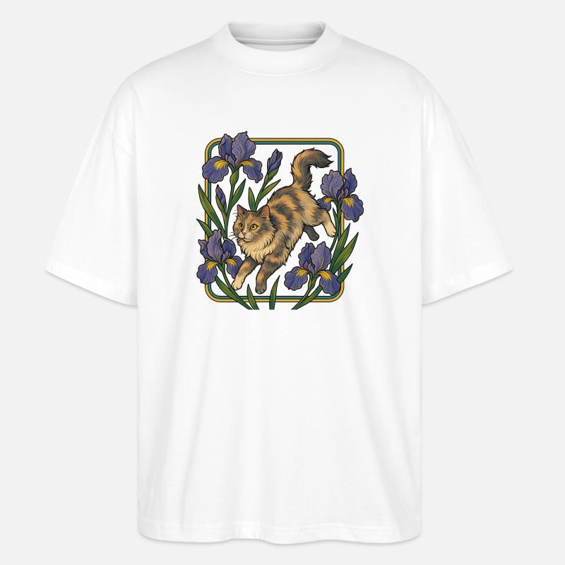 Elegante Katze unter Irisblumen - Stanley/Stella Oversized Unisex Bio T-Shirt Blaster 2.0 - Weiß