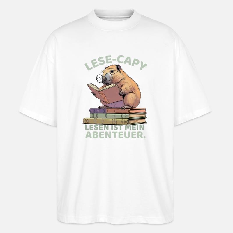 Lese - Capybara: Der Bücherwurm - Stanley/Stella Oversized Unisex Bio T-Shirt Blaster 2.0 - Weiß