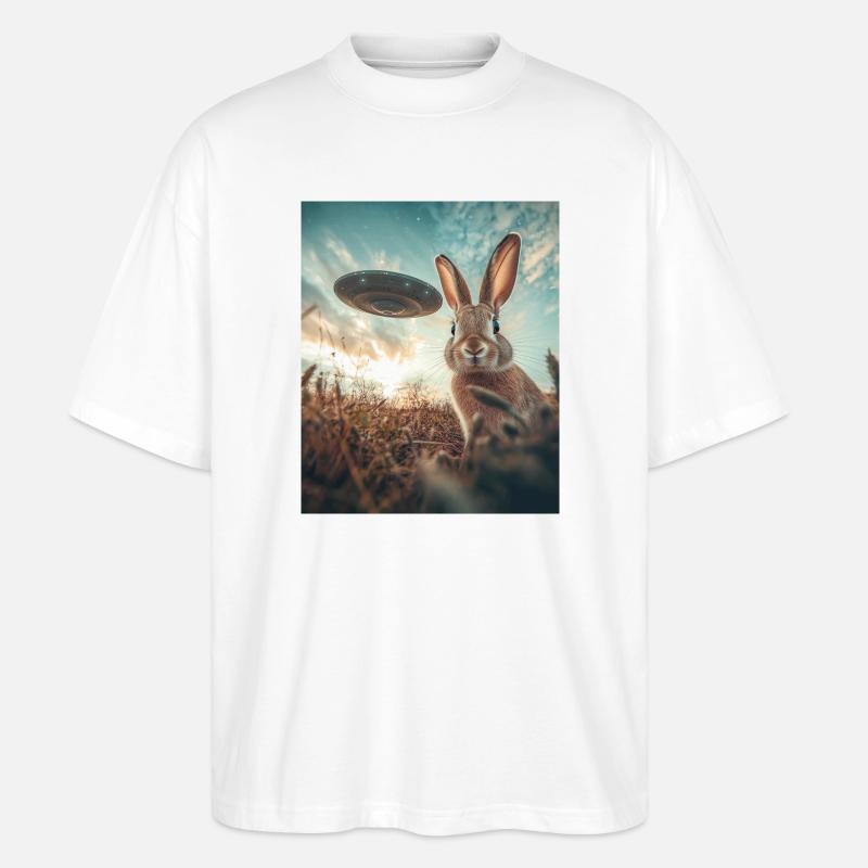Hase Selfie mit UFO - Stanley/Stella Oversized Unisex Bio T-Shirt Blaster 2.0 - Weiß