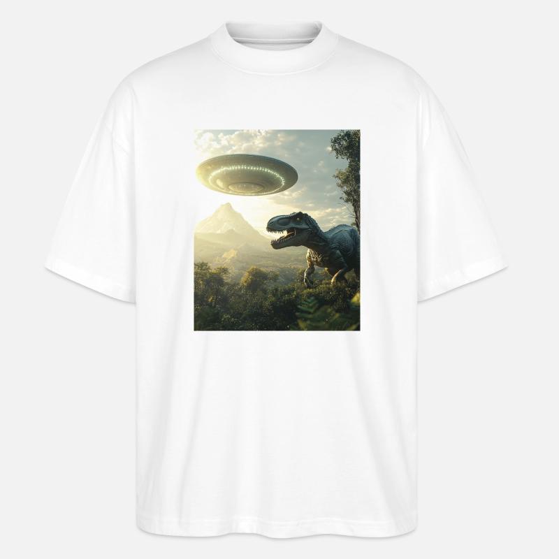 T-Rex selfie with UFO - Stanley/Stella Oversized Unisex Organic T-shirt Blaster 2.0 - white