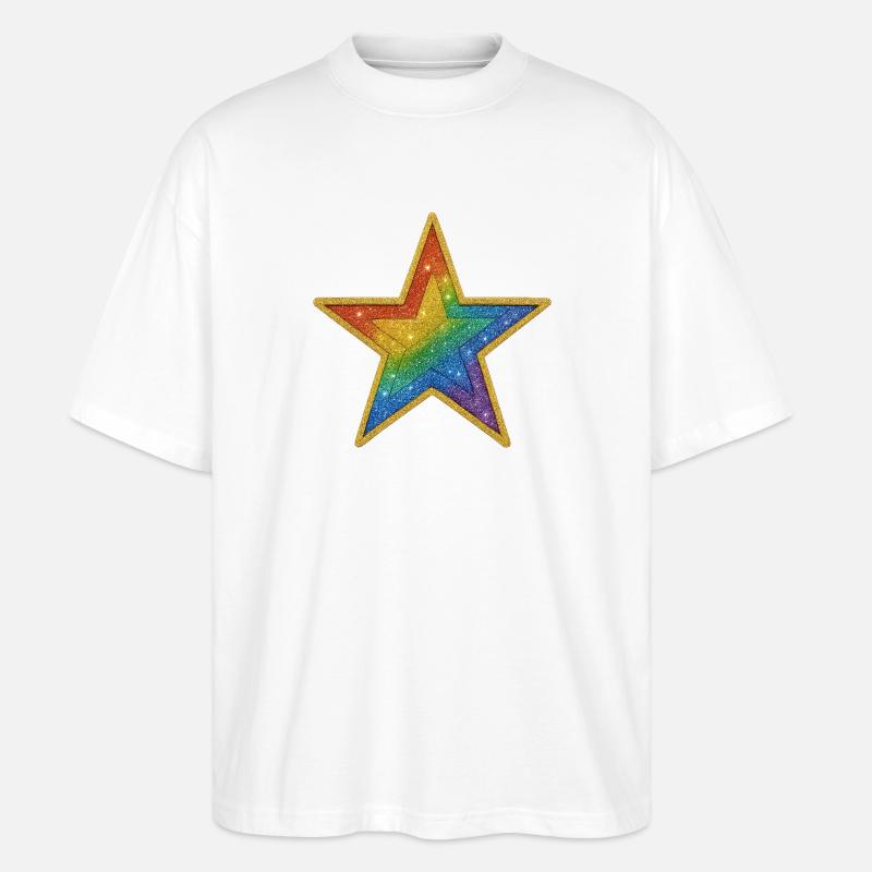 Regenbogen-Glitzer-Stern-Patch-Design - Stanley/Stella Oversized Unisex Bio T-Shirt Blaster 2.0 - Weiß
