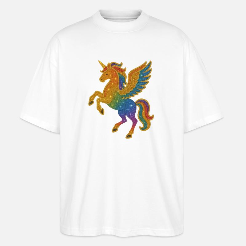 Illustration de Pégase arc-en-ciel scintillant - T-shirt bio Blaster 2.0 coupe oversize Stanley/Stella Unisexe - blanc