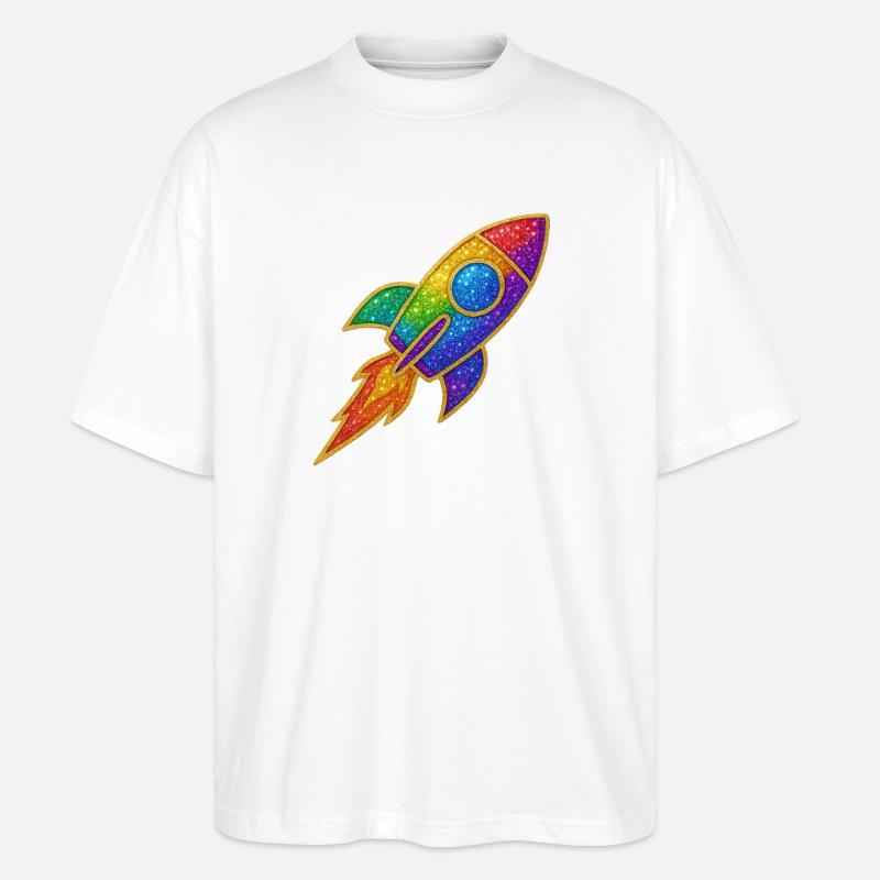 Rainbow Rocket Glitter Design - Stanley/Stella Oversized Unisex Organic T-shirt Blaster 2.0 - white