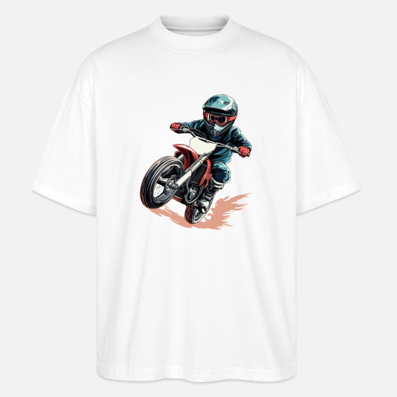 Dynamischer Motorradfahrer im Actionstil - Stanley/Stella Oversized Unisex Bio T-Shirt Blaster 2.0 - Weiß