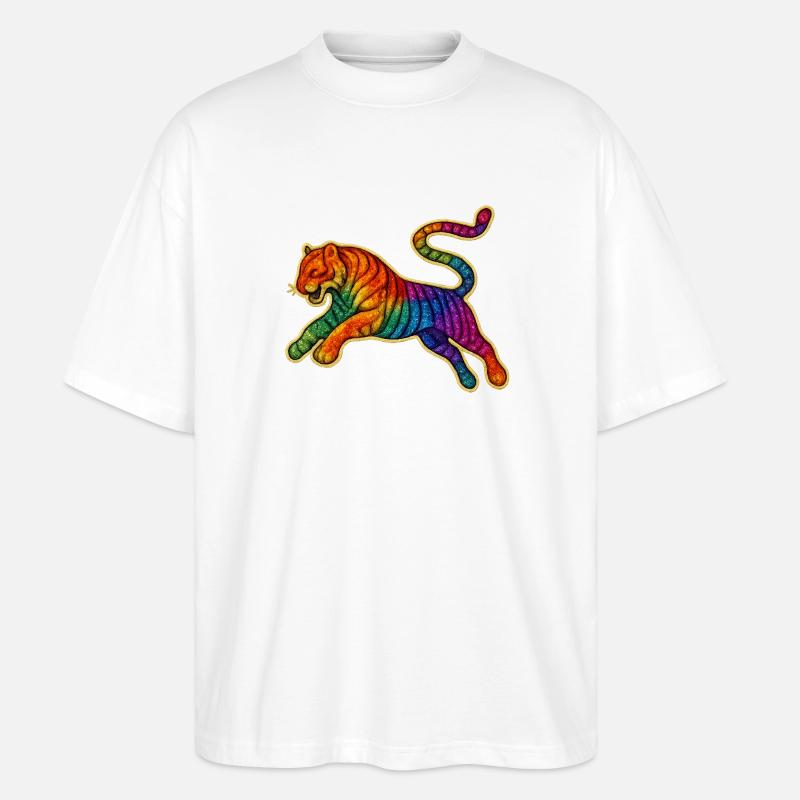 Regenbogen Tiger Patch Design - Stanley/Stella Oversized Unisex Bio T-Shirt Blaster 2.0 - Weiß