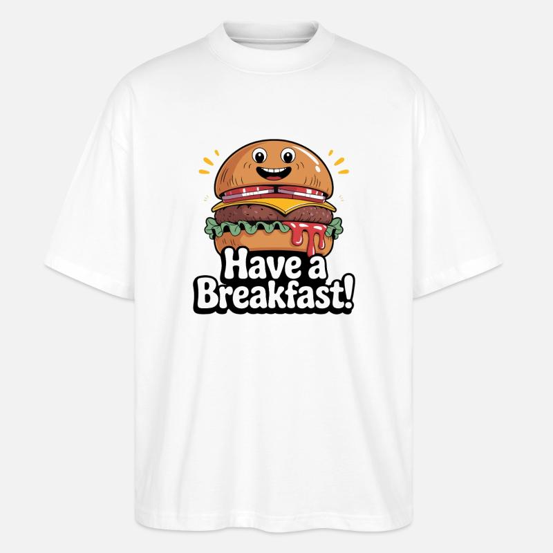 Whimsical Hamburger with Smile and Text - Stanley/Stella Oversized Unisex Organic T-shirt Blaster 2.0 - white